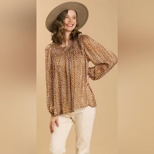 M•I•D  Animal Print Smocked Top with Metallic Threading in Bronze Size X Large